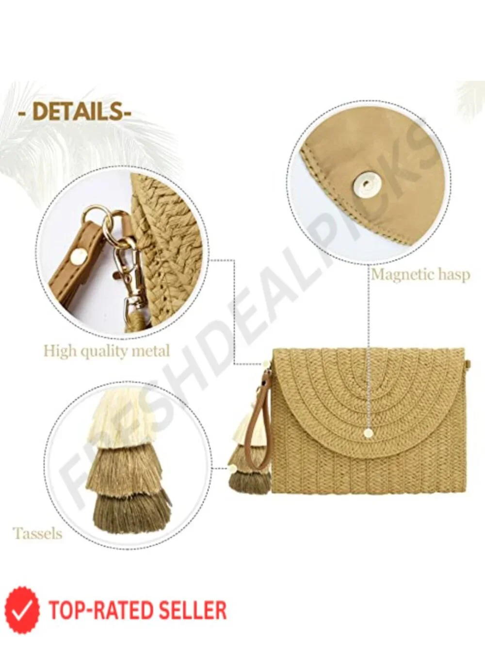 Natural Straw Envelope Clutch with Magnetic Closure, Detachable Crossbody Strap